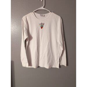 Vintage 90s Kini White Long Sleeve Shirt Medium Embroidered Flower Pot Boho